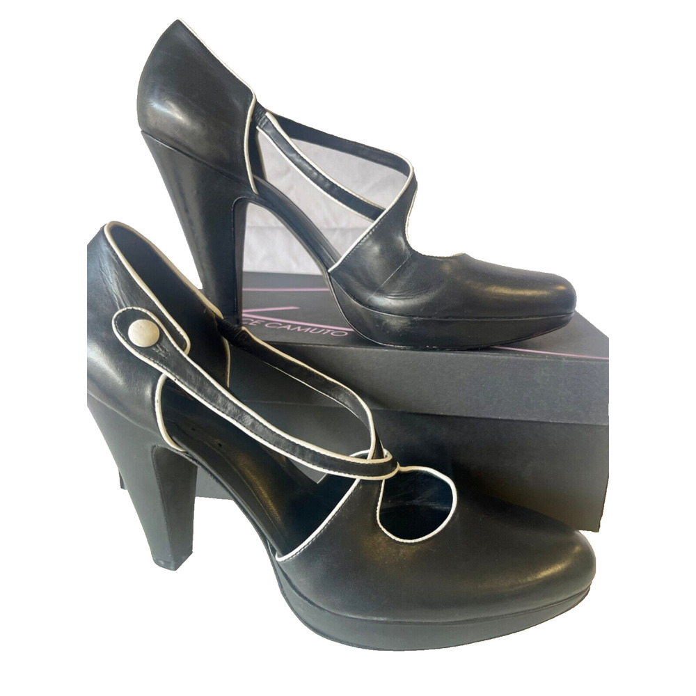 VC Vince Camuto retro black & white, Baby Calf Mac leather pumps strappy size 10